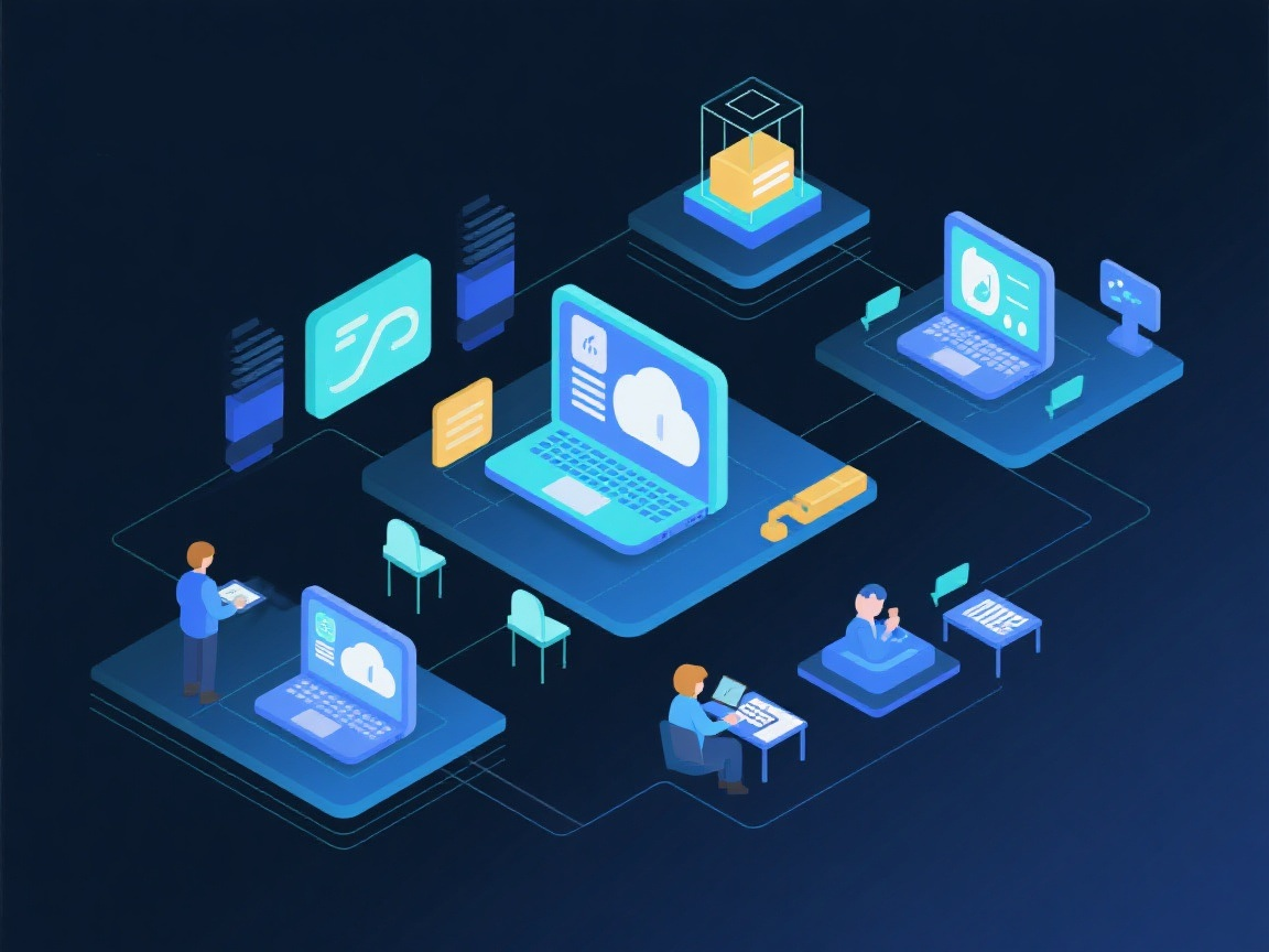 业务系统运维服务示意图，展示服务器机房和监控屏幕